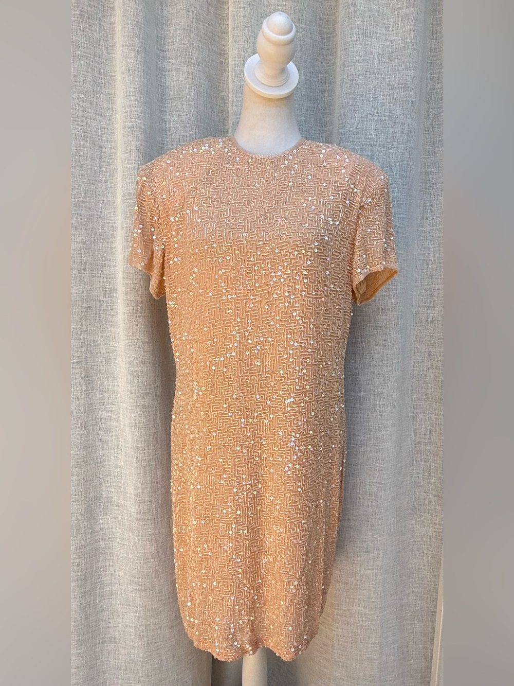 Liza Carr beads sequins shift peach pink silk base vintage dress